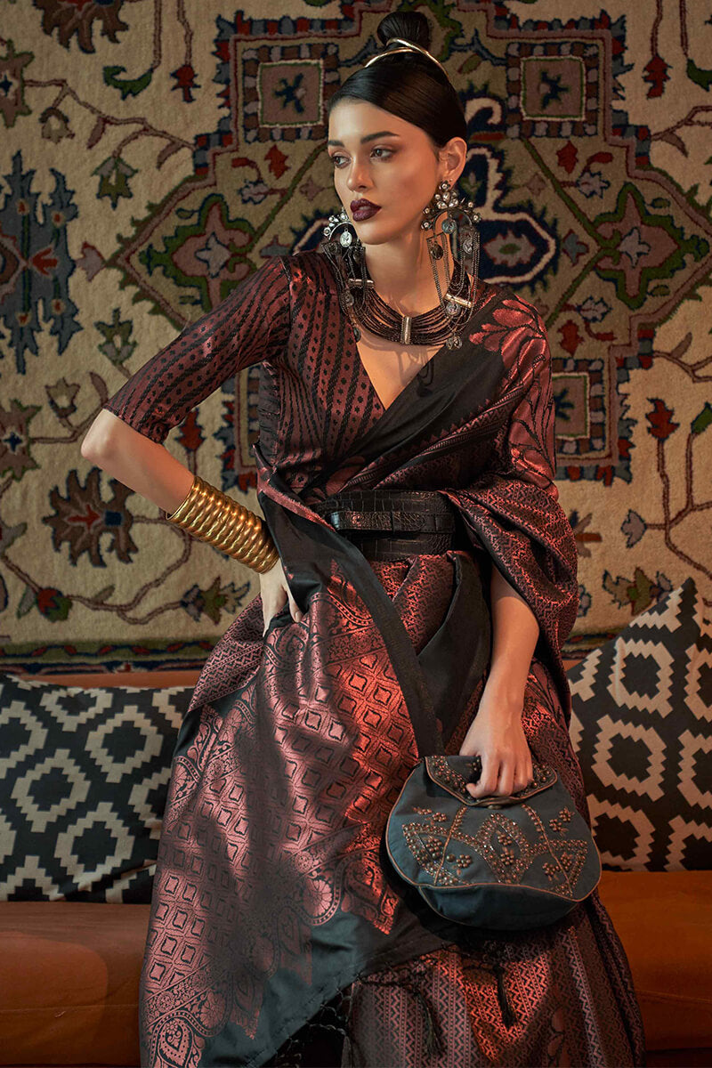 Top Soft Silk Saree | Attractive Black Pure Soft Silk Saree with Copper  Zari Blouse Piece – Glamatyou Fashion