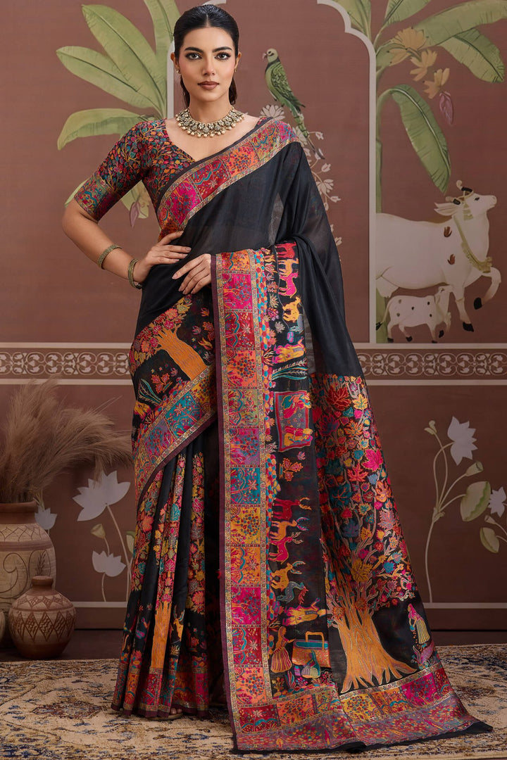 Cinder Black Kashmiri Modal Pashmina Silk Saree
