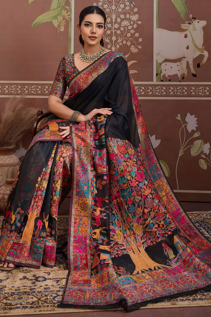 Cinder Black Kashmiri Modal Pashmina Silk Saree