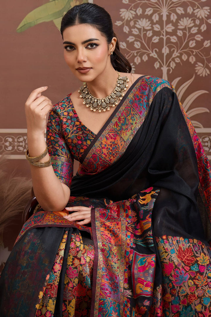 Cinder Black Kashmiri Modal Pashmina Silk Saree