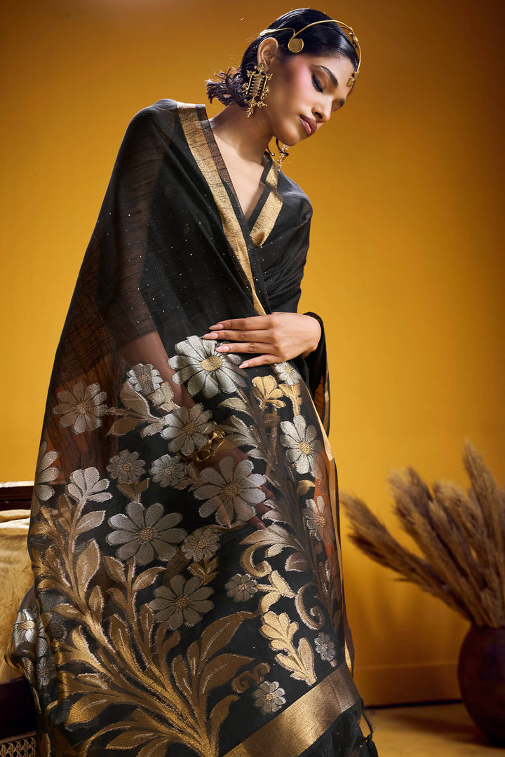 Cinder Black Munga Cotton Silk Saree