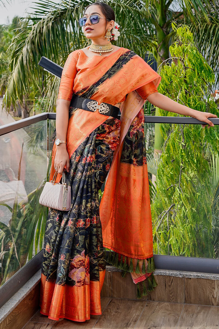 Cinder Black Printed Organza Silk Saree