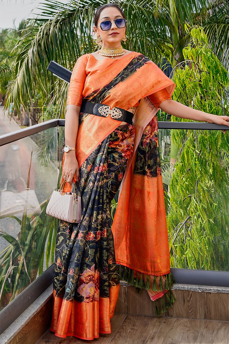 Cinder Black Printed Organza Silk Saree