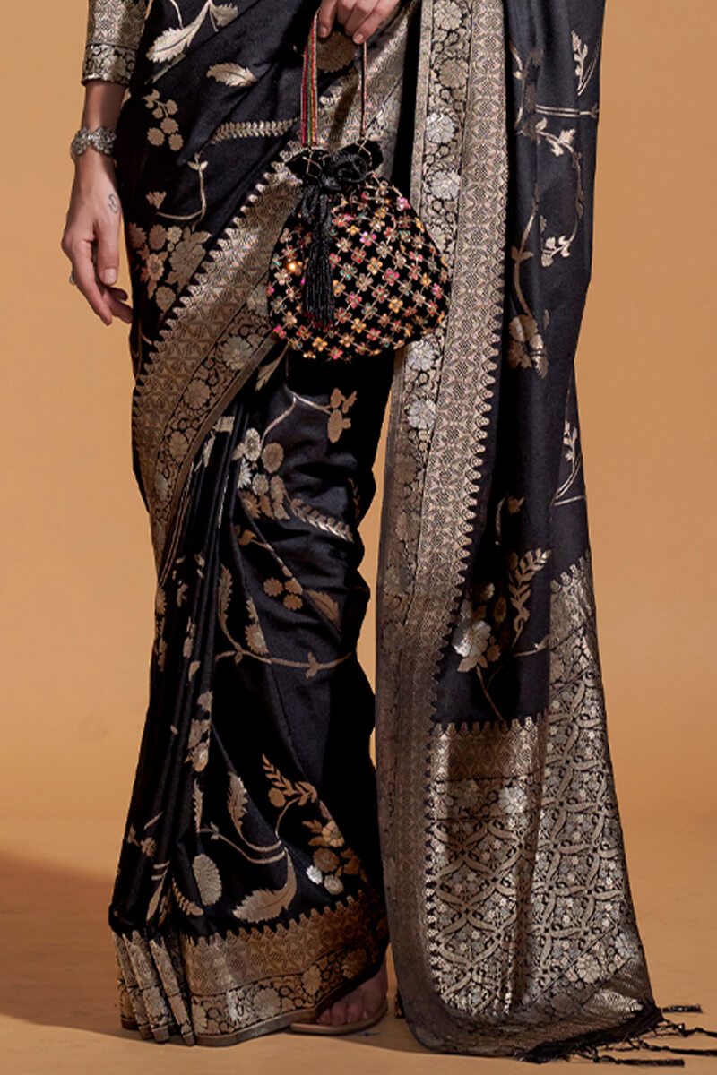 Cinder Black Woven Georgette Banarasi Silk Saree