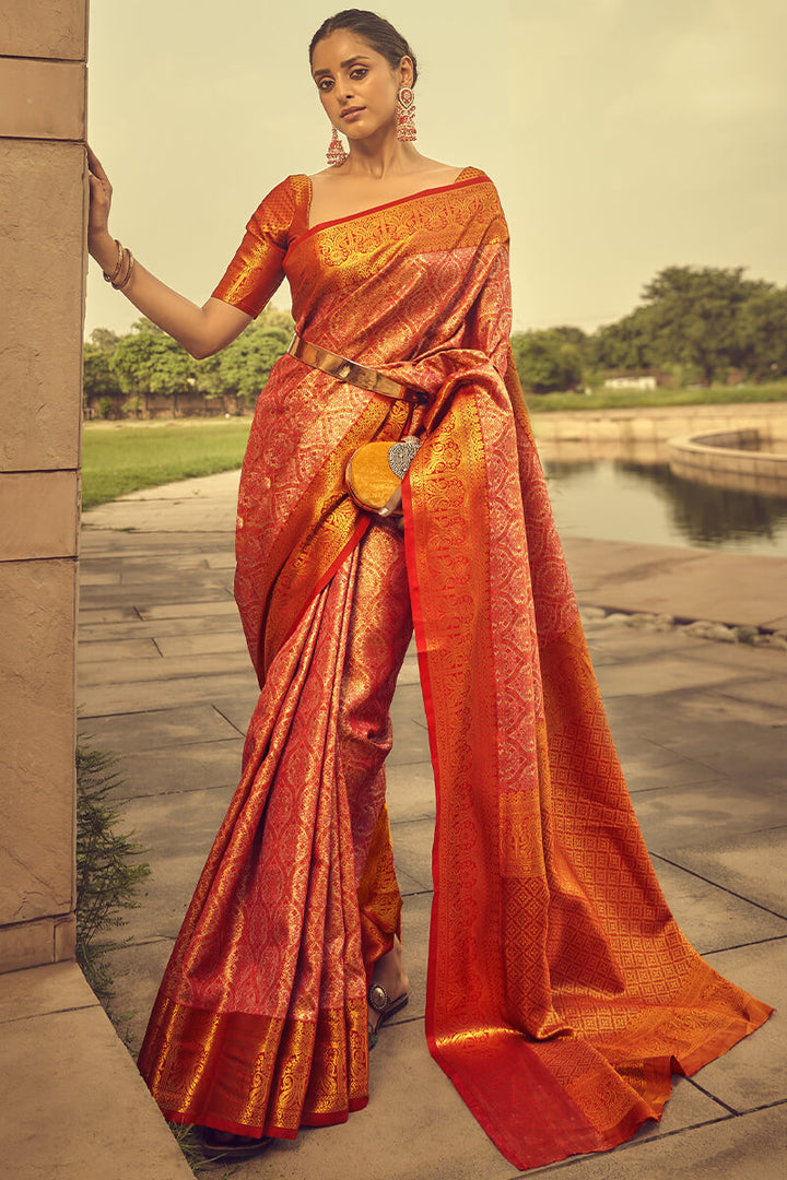 Cinnabar Red Woven Banarasi Brocade Silk Saree