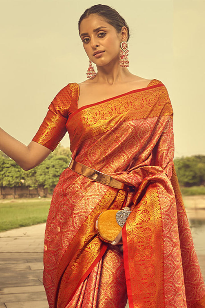 Cinnabar Red Woven Banarasi Brocade Silk Saree