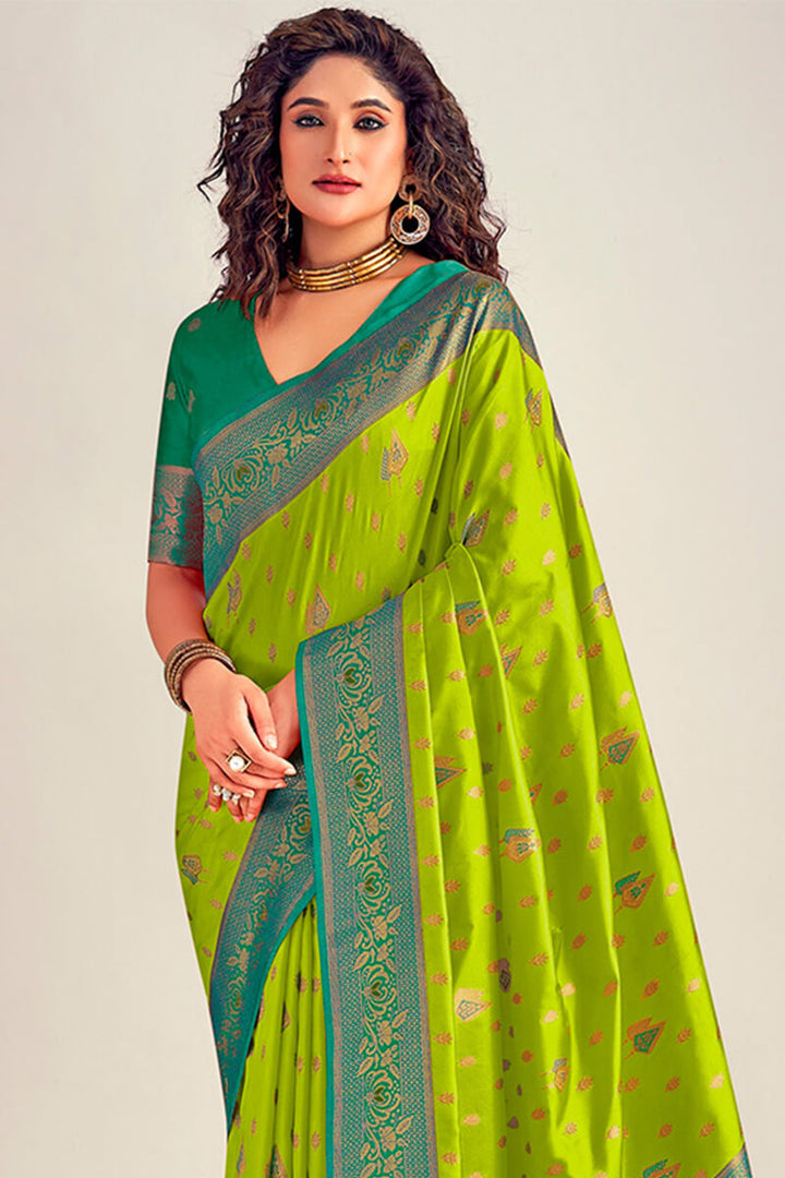 Citrine Green Soft Banarasi Silk Saree