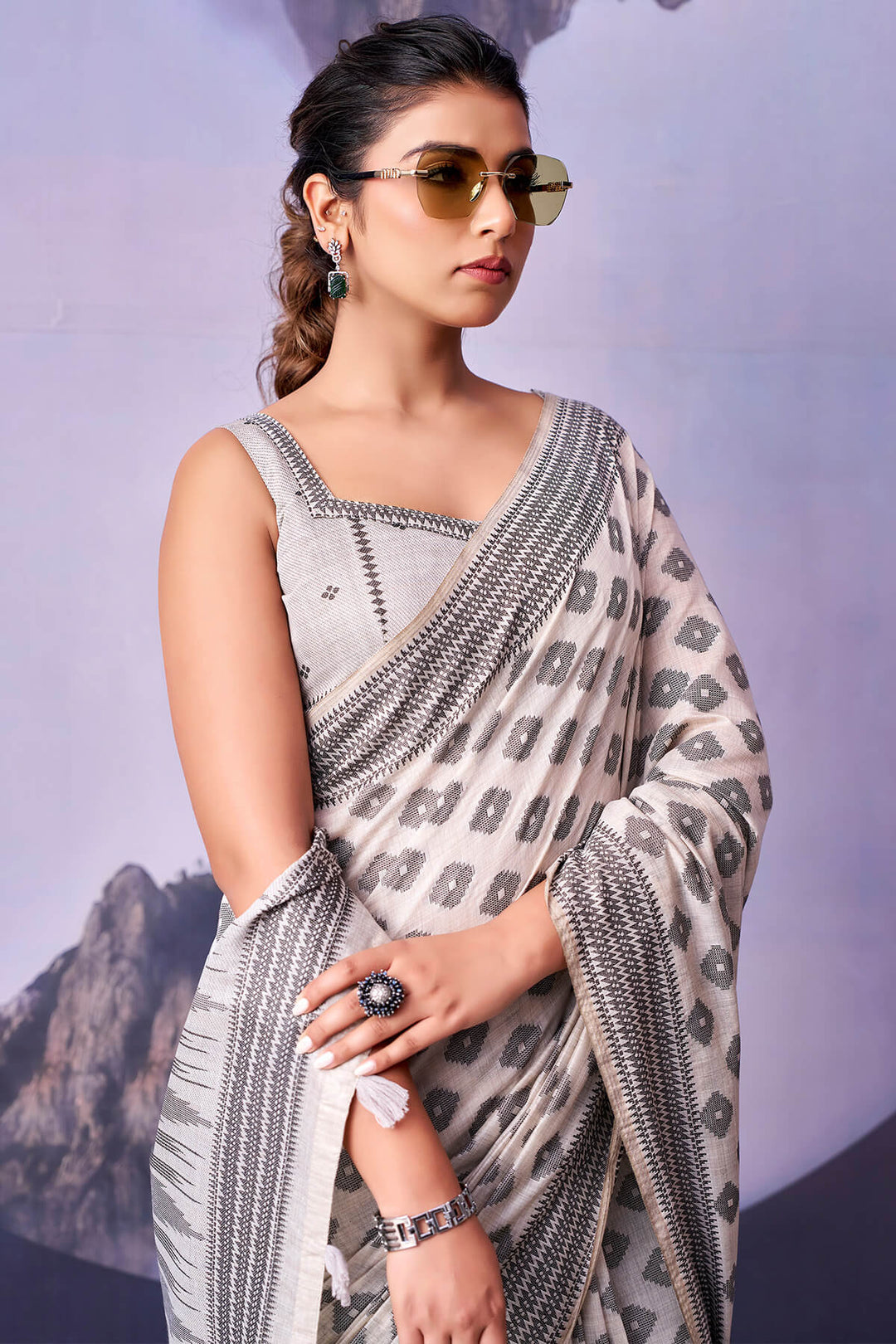 Citrine White and Black Cotton Silk Saree
