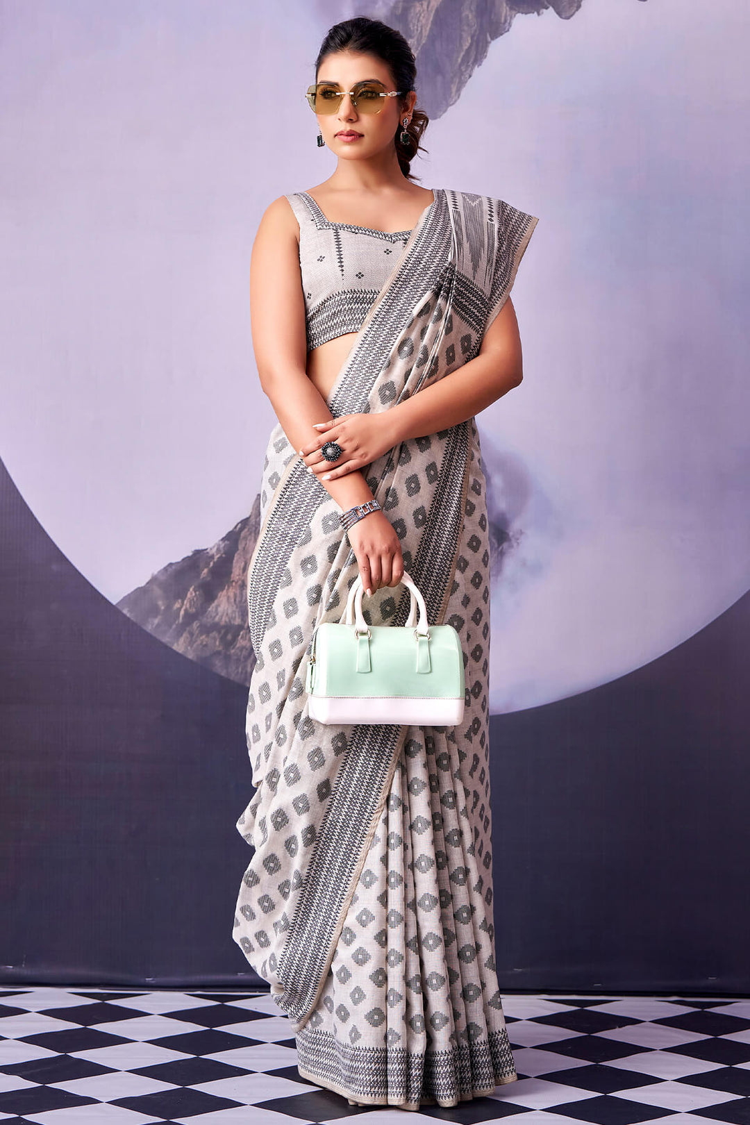 Citrine White and Black Cotton Silk Saree