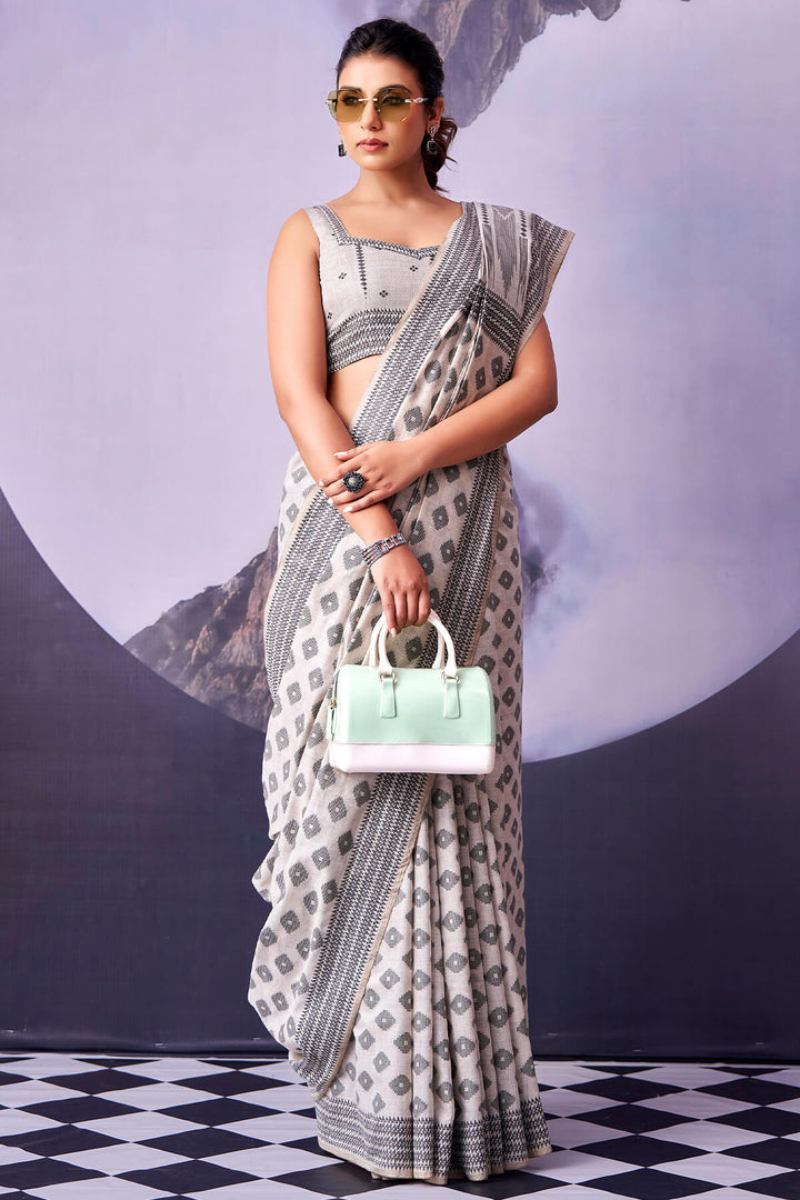 Citrine White and Black Cotton Silk Saree