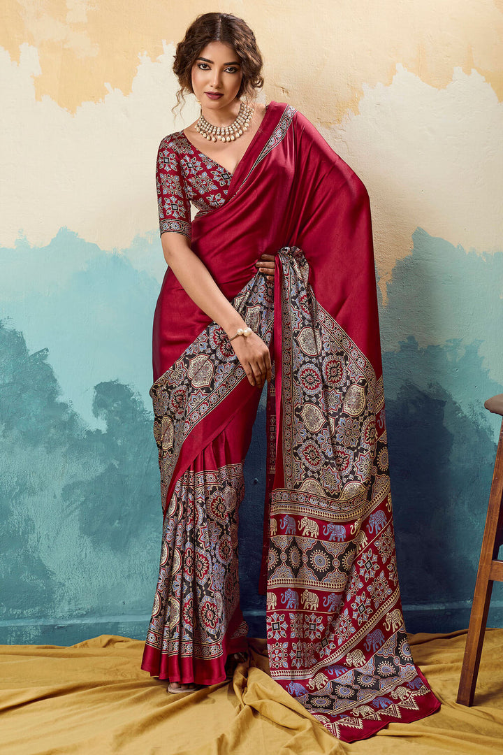 Claret Maroon Ajrakh Printed Satin Silk Saree