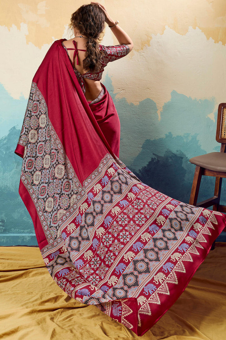 Claret Maroon Ajrakh Printed Satin Silk Saree