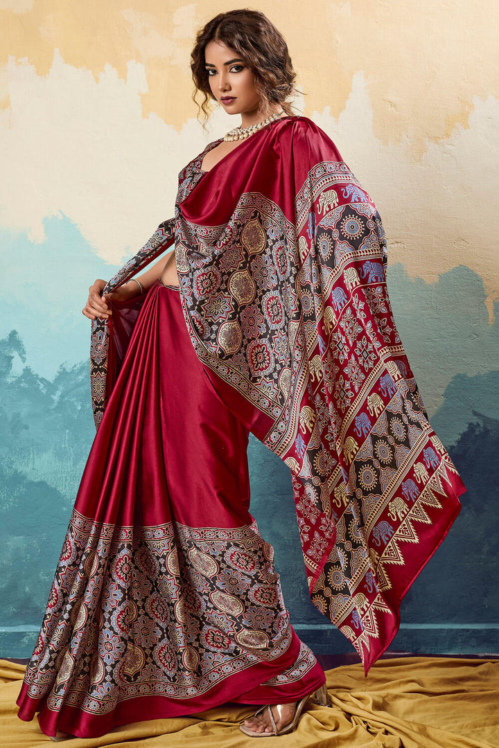 Claret Maroon Ajrakh Printed Satin Silk Saree
