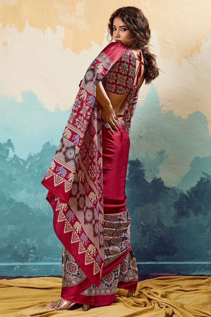 Claret Maroon Ajrakh Printed Satin Silk Saree