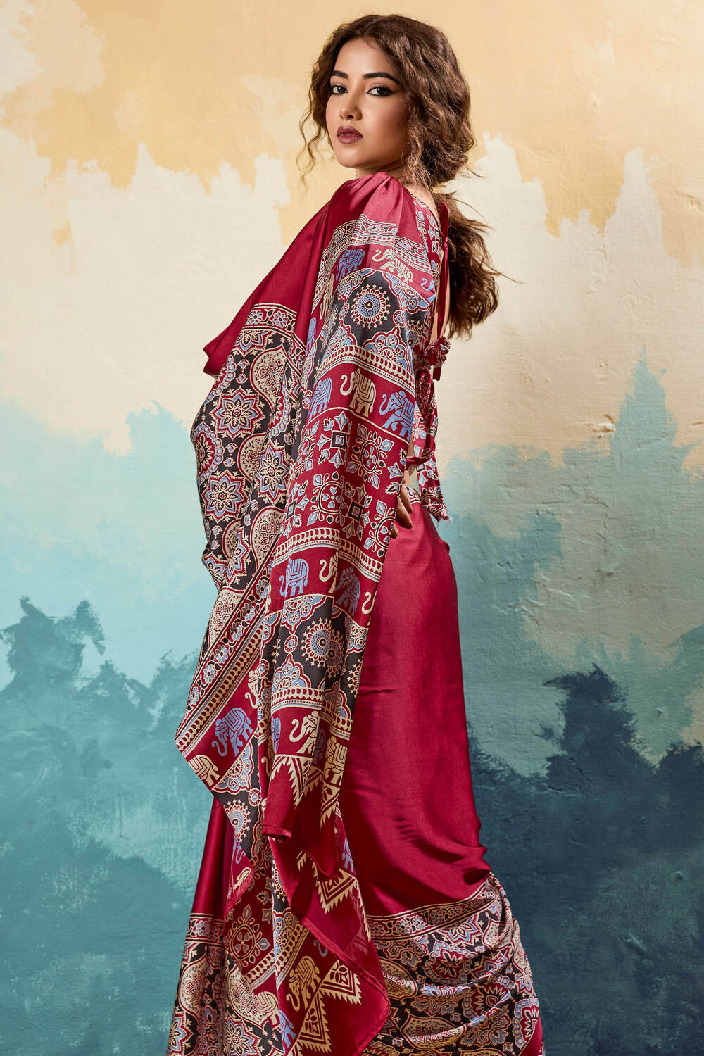 Claret Maroon Ajrakh Printed Satin Silk Saree