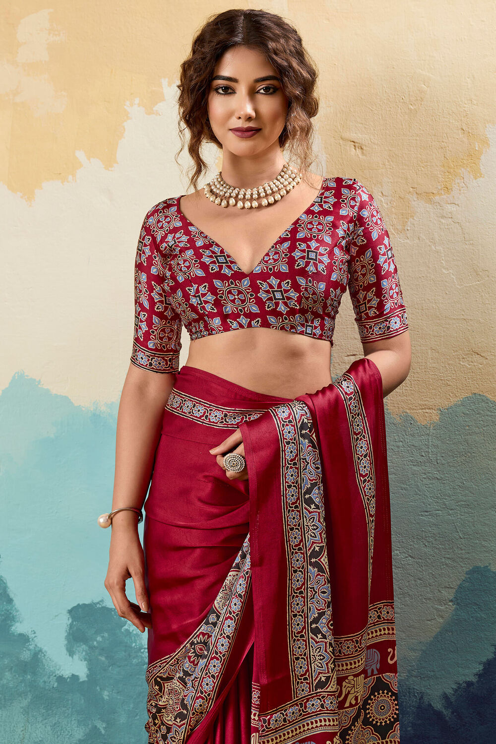 Claret Maroon Ajrakh Printed Satin Silk Saree