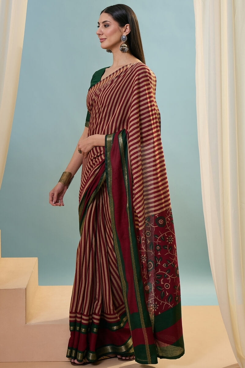 Claret Maroon Printed Cotton Saree with Zari Woven Border