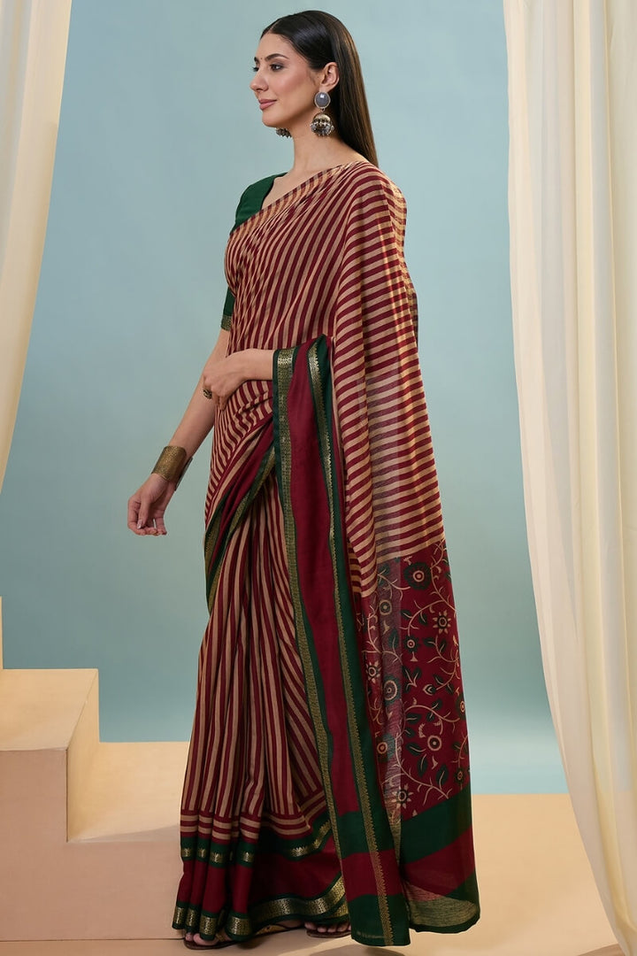Claret Maroon Printed Cotton Saree with Zari Woven Border
