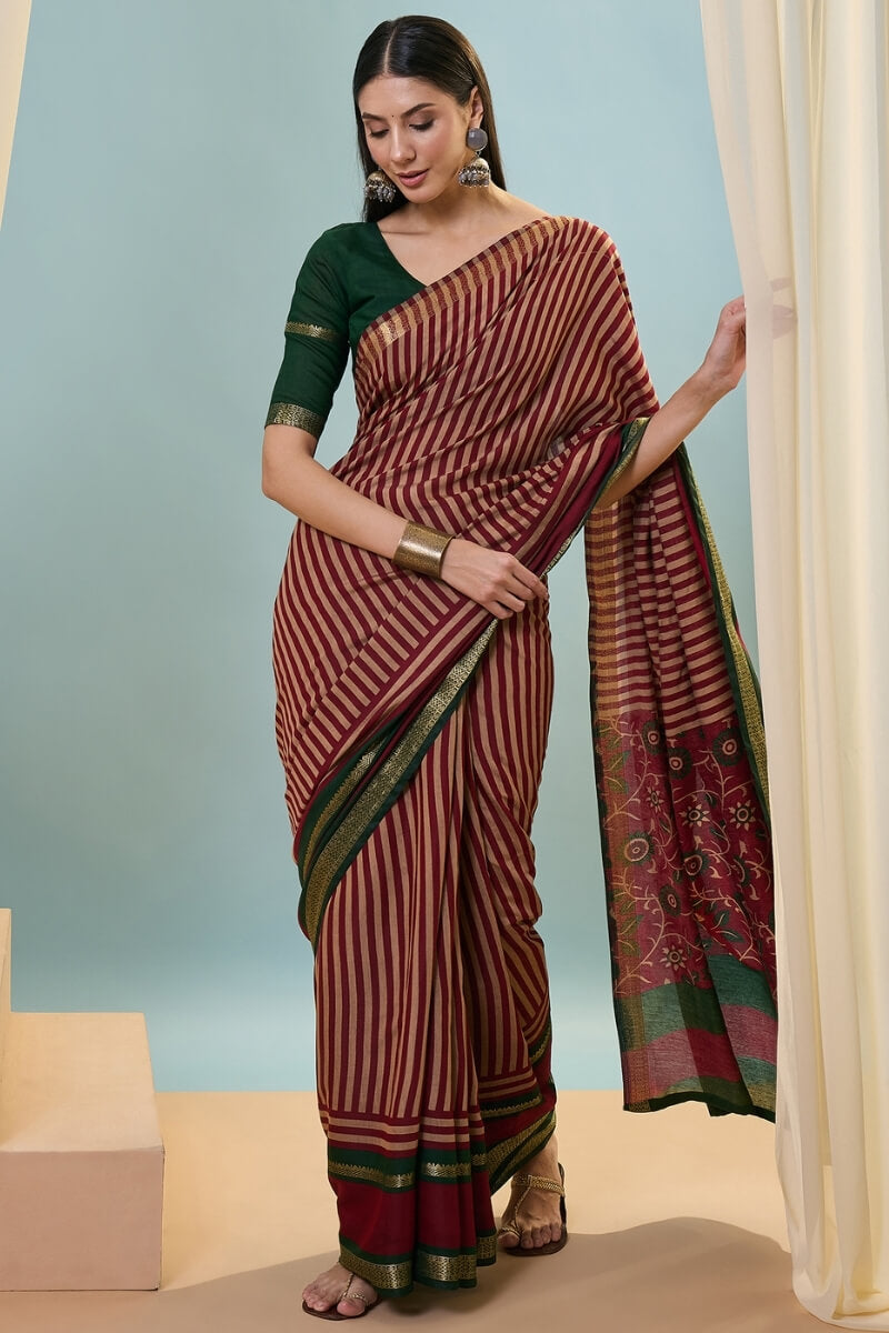 Claret Maroon Printed Cotton Saree with Zari Woven Border