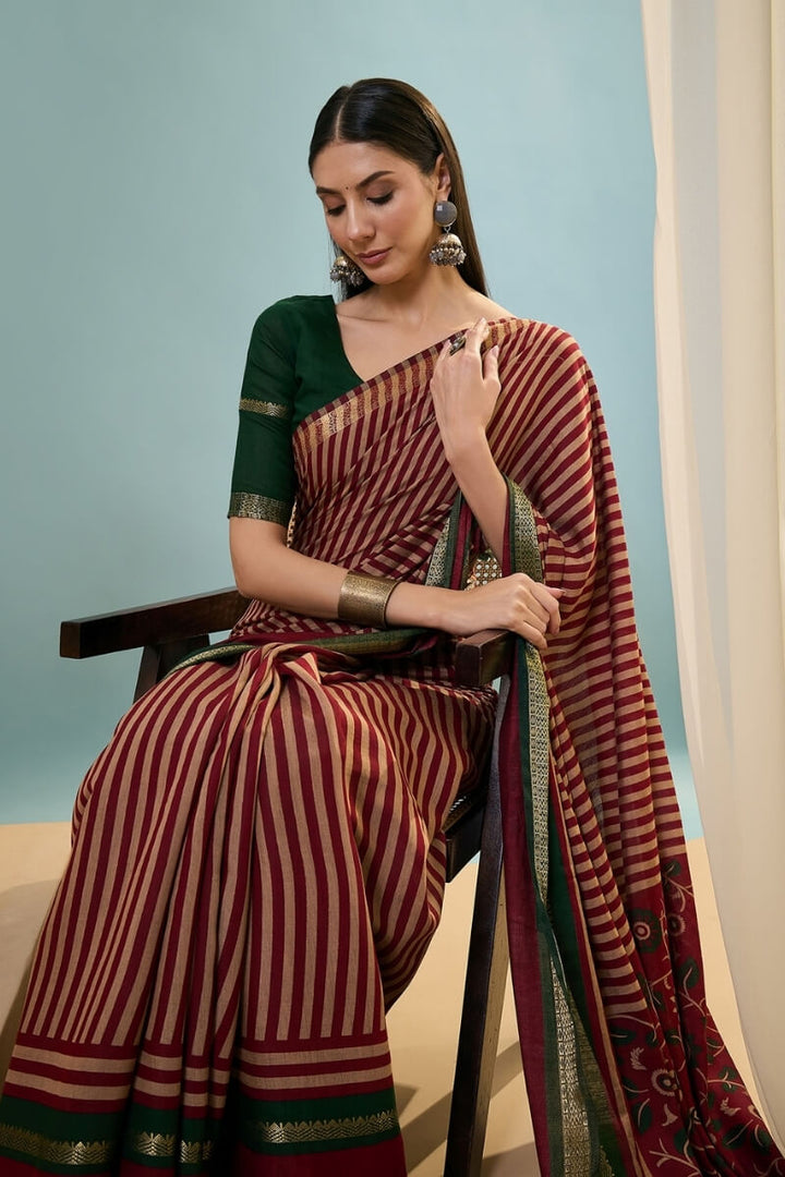 Claret Maroon Printed Cotton Saree with Zari Woven Border
