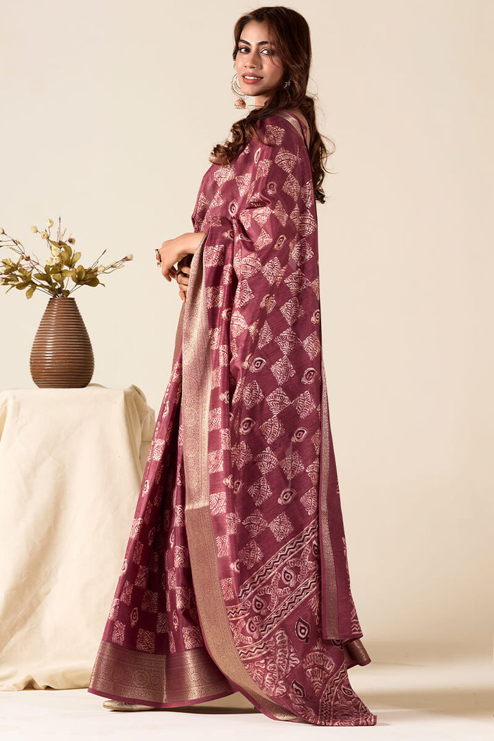 Claret Wine Foil Printed Dola Silk Saree