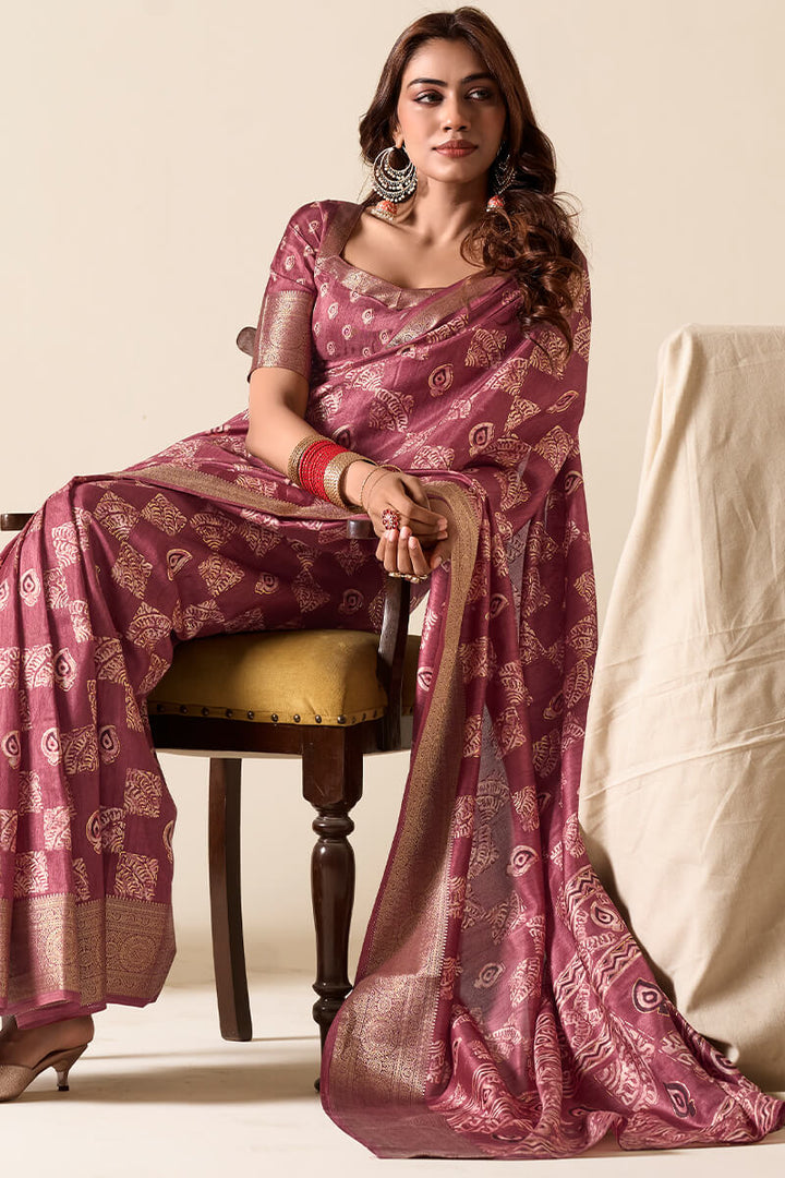 Claret Wine Foil Printed Dola Silk Saree