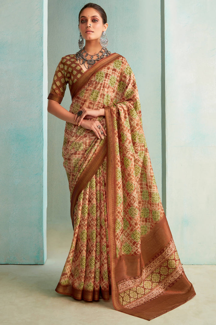 Clay Brown Handloom Woven Digital Printed Soft Silk Saree
