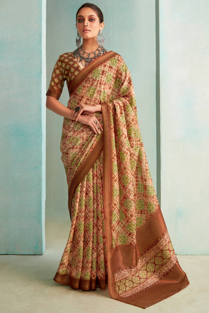 Clay Brown Handloom Woven Digital Printed Soft Silk Saree