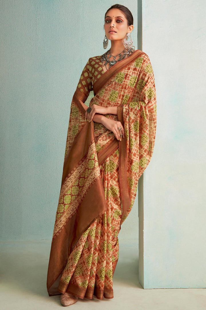 Clay Brown Handloom Woven Digital Printed Soft Silk Saree