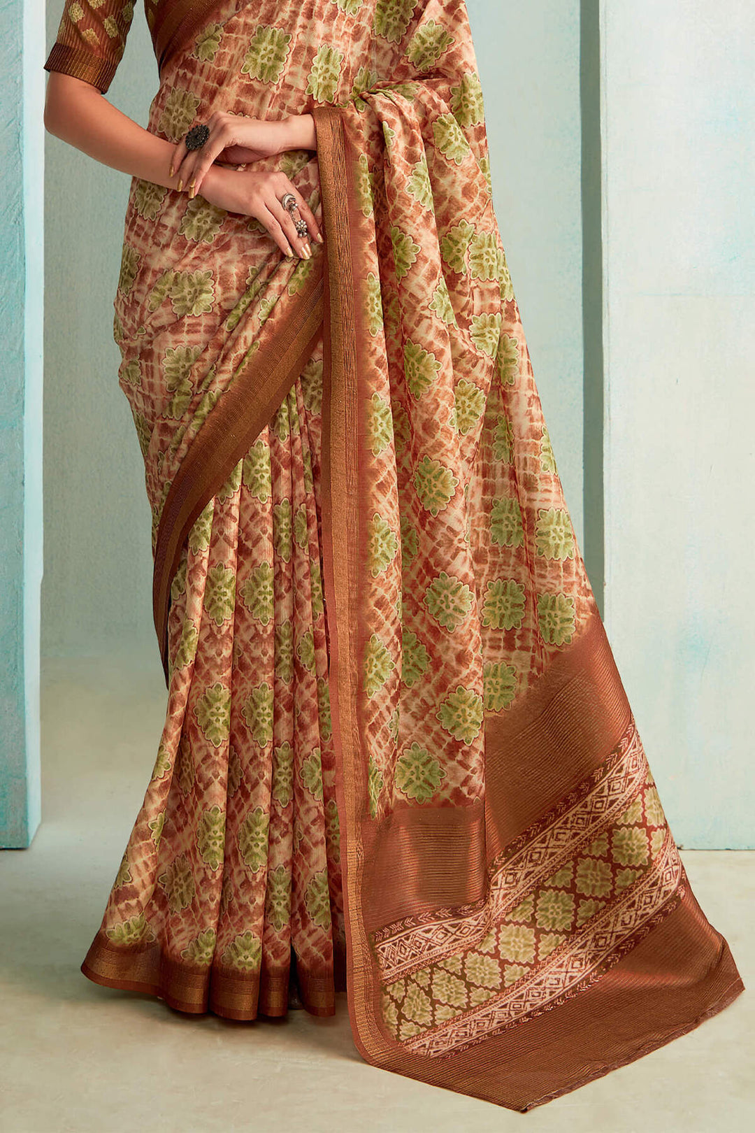 Clay Brown Handloom Woven Digital Printed Soft Silk Saree