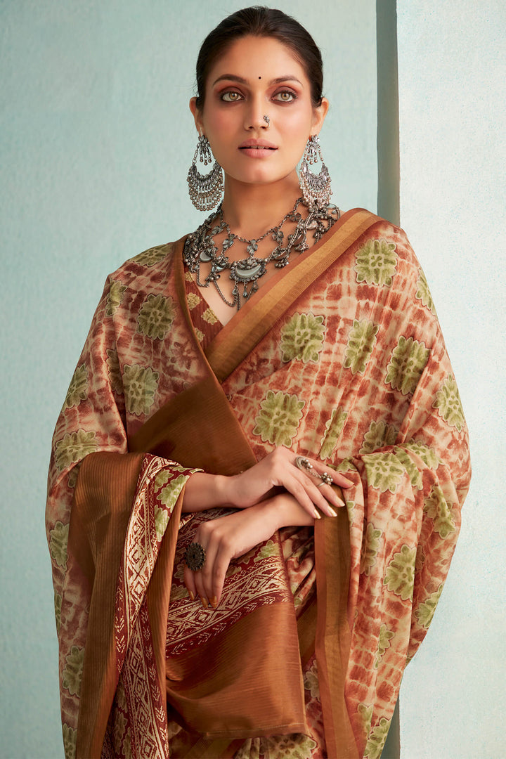 Clay Brown Handloom Woven Digital Printed Soft Silk Saree