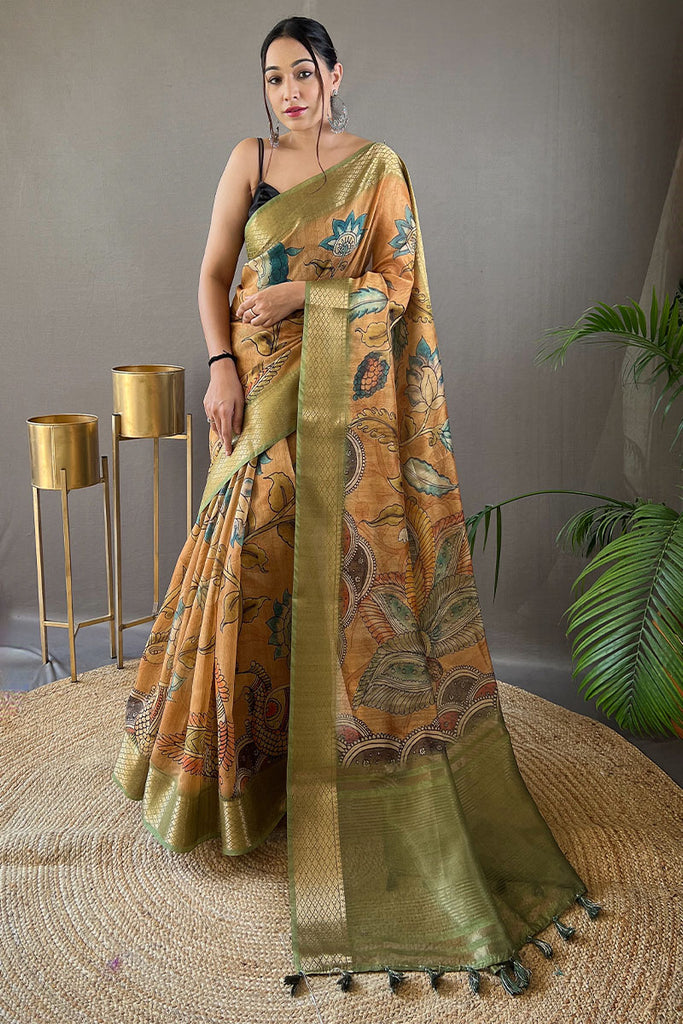 Clay Brown Kalamkari Printed Tussar silk Saree