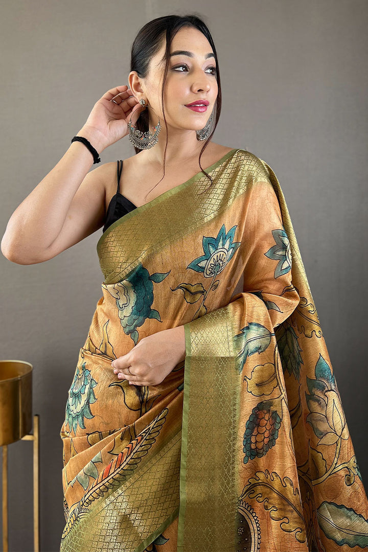 Clay Brown Kalamkari Printed Tussar silk Saree