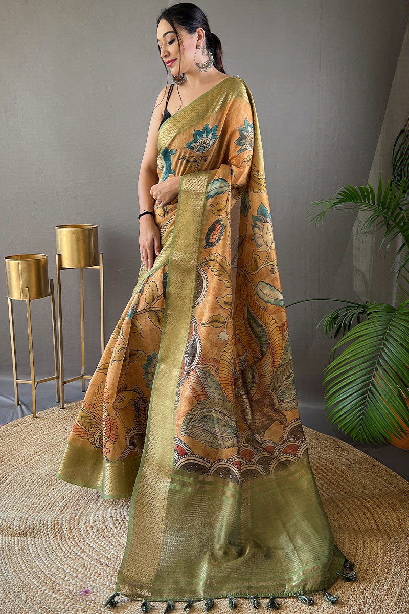 Clay Brown Kalamkari Printed Tussar silk Saree