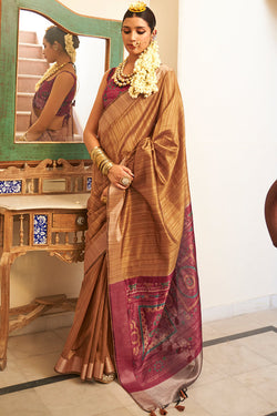 Clay Brown Linen Tussar Silk Saree