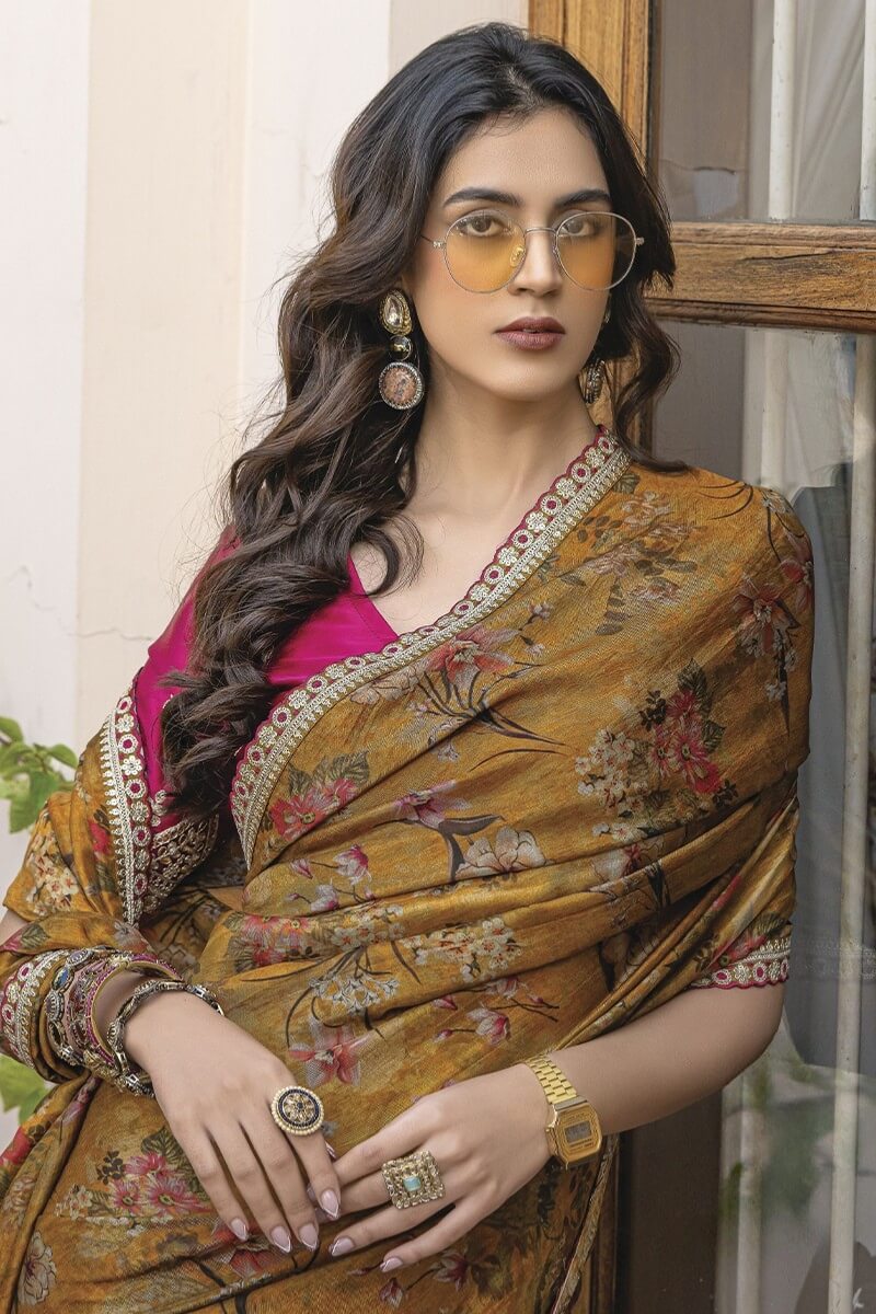 Clay Brown Printed Pure Viscose Dola Silk Saree
