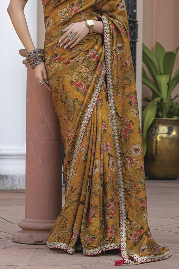 Clay Brown Printed Pure Viscose Dola Silk Saree
