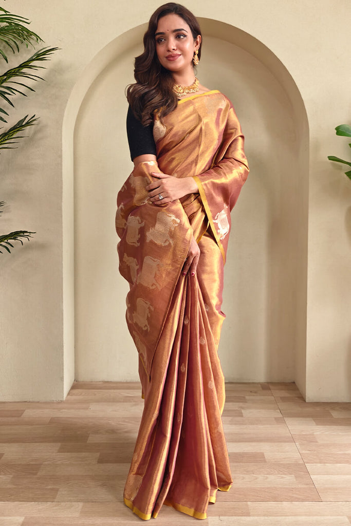 Clay Brown Zari woven Banarasi Tissue Silk Saree