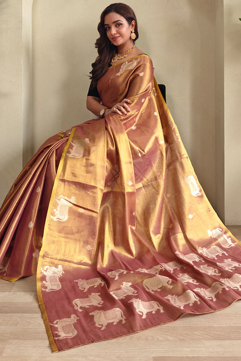Clay Brown Zari woven Banarasi Tissue Silk Saree