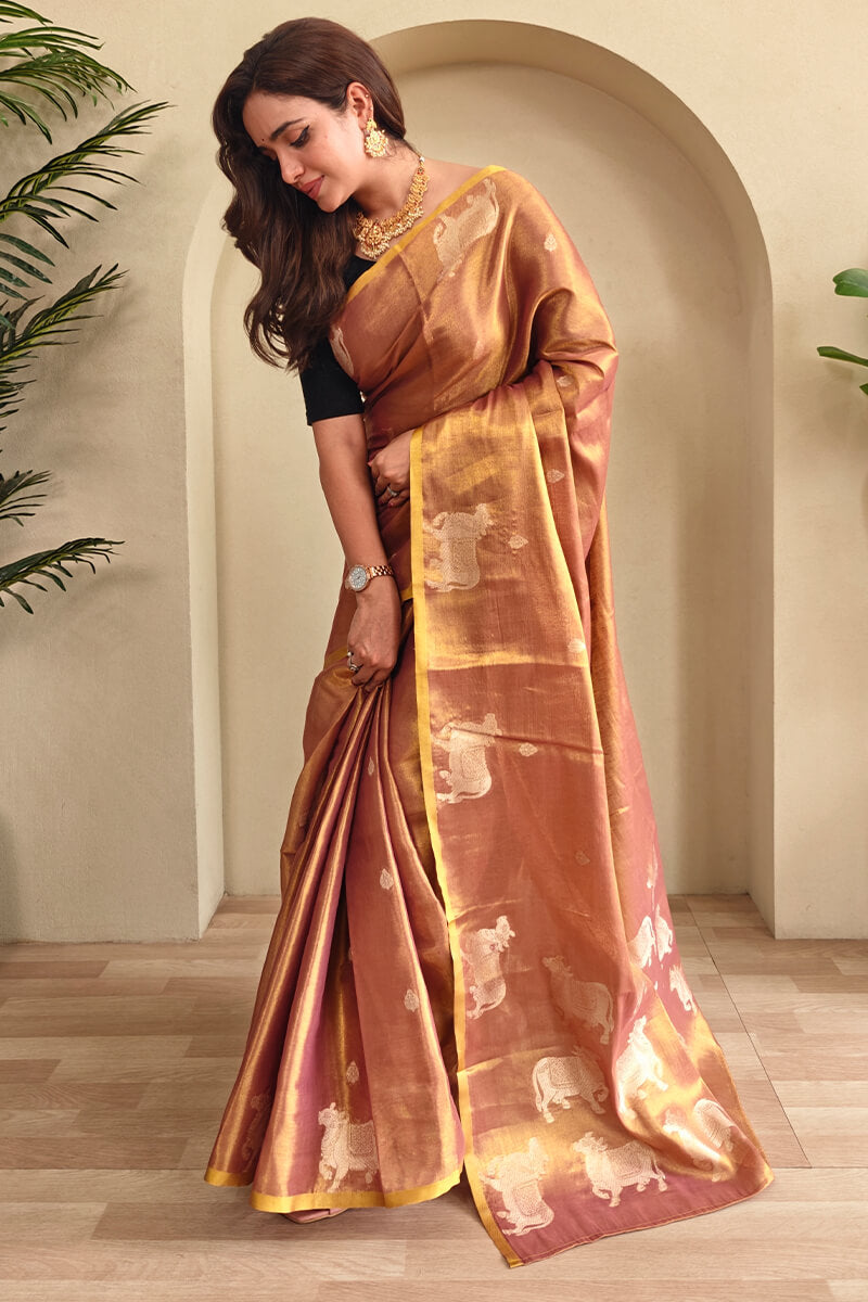 Clay Brown Zari woven Banarasi Tissue Silk Saree