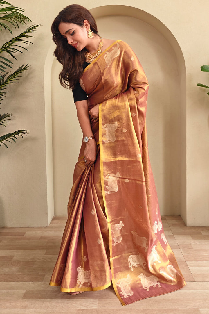 Clay Brown Zari woven Banarasi Tissue Silk Saree