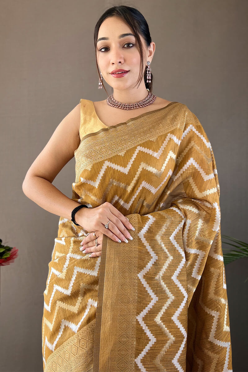 Clay Brown Zari Woven Linen Cotton Silk Saree