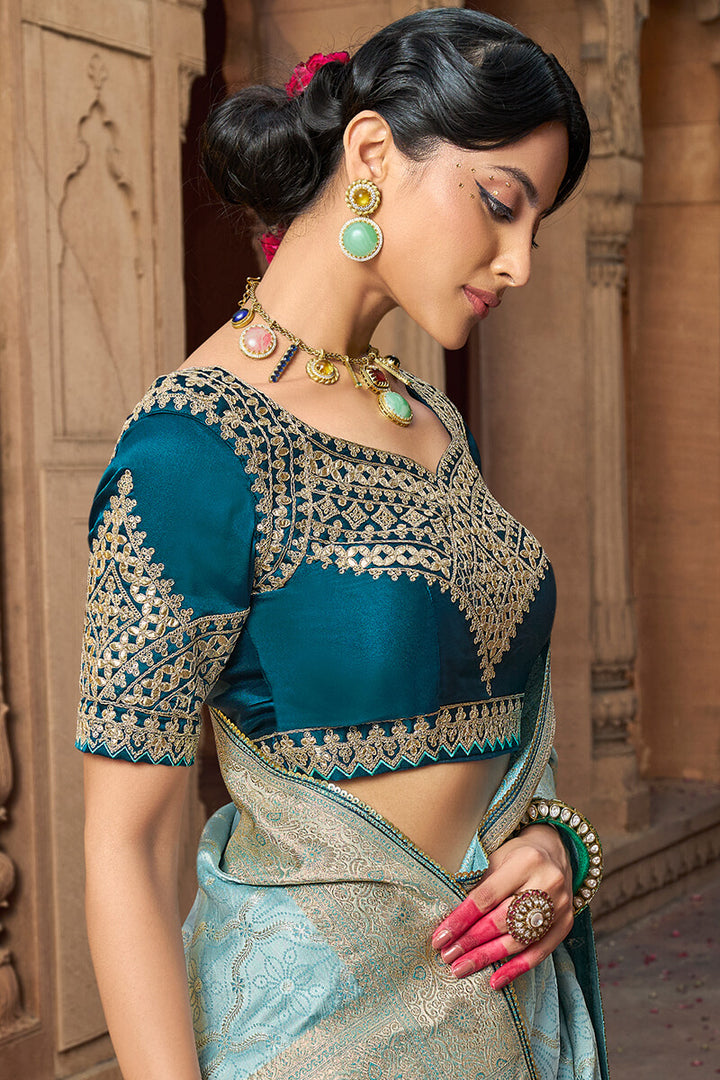 Cloudy Blue Banarasi Satin Silk Saree with Embroidery Blouse