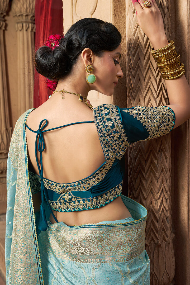 Cloudy Blue Banarasi Satin Silk Saree with Embroidery Blouse