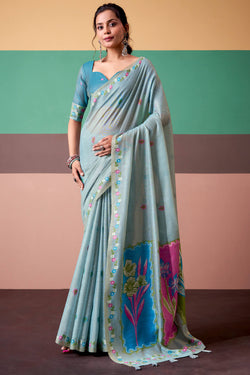 Cloudy Blue Munga Cotton Silk Saree