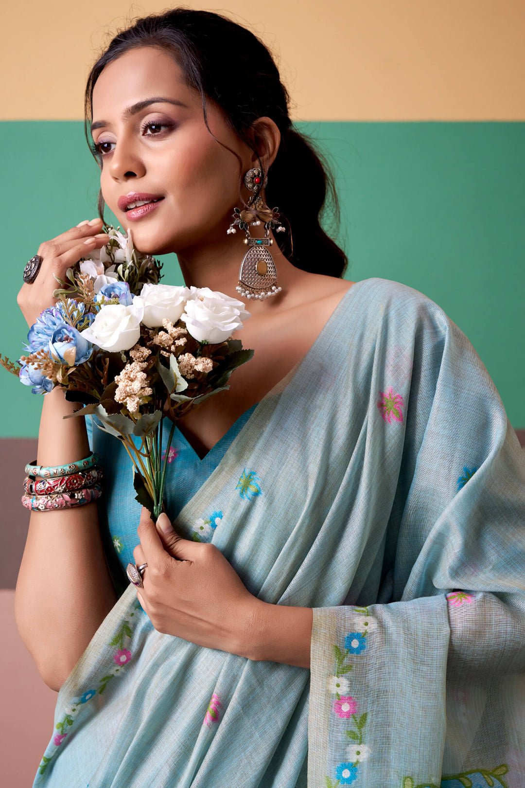 Cloudy Blue Munga Cotton Silk Saree