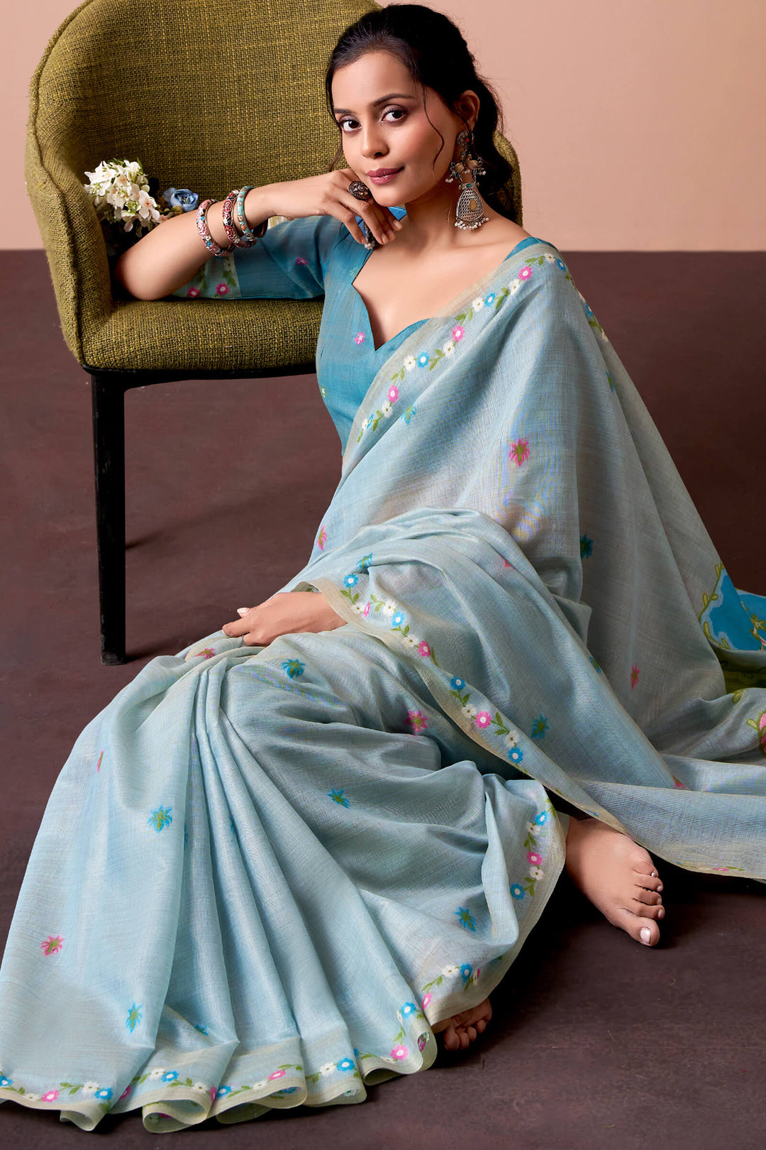 Cloudy Blue Munga Cotton Silk Saree