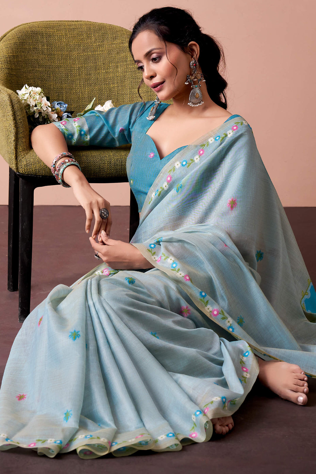 Cloudy Blue Munga Cotton Silk Saree