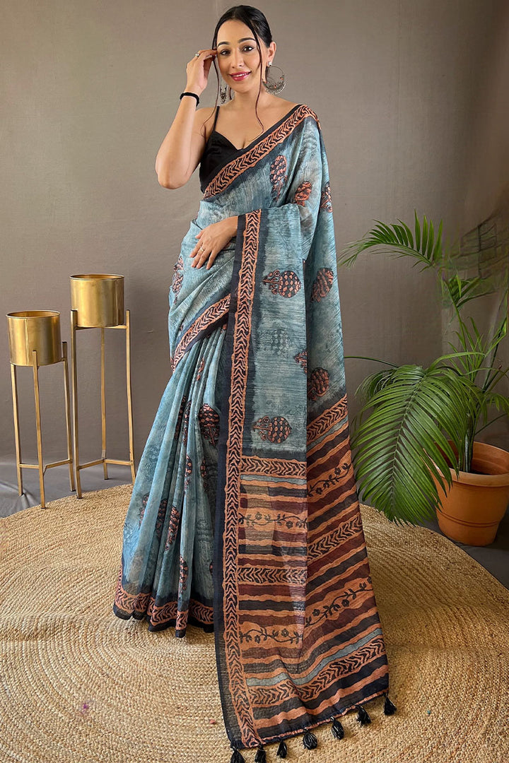 Cloudy Blue Printed Tussar Silk Saree