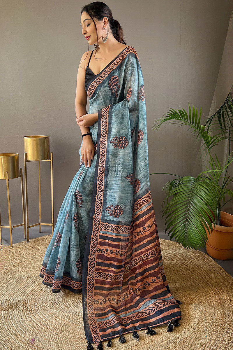 Cloudy Blue Printed Tussar Silk Saree